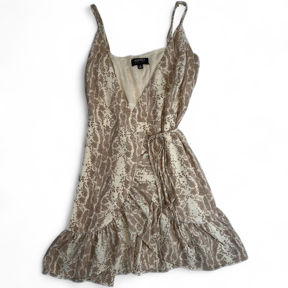 Audrey 3+1 Snake Print Wrap Mini Dress Small Ruffle Hem V-Neck Tie Waist
